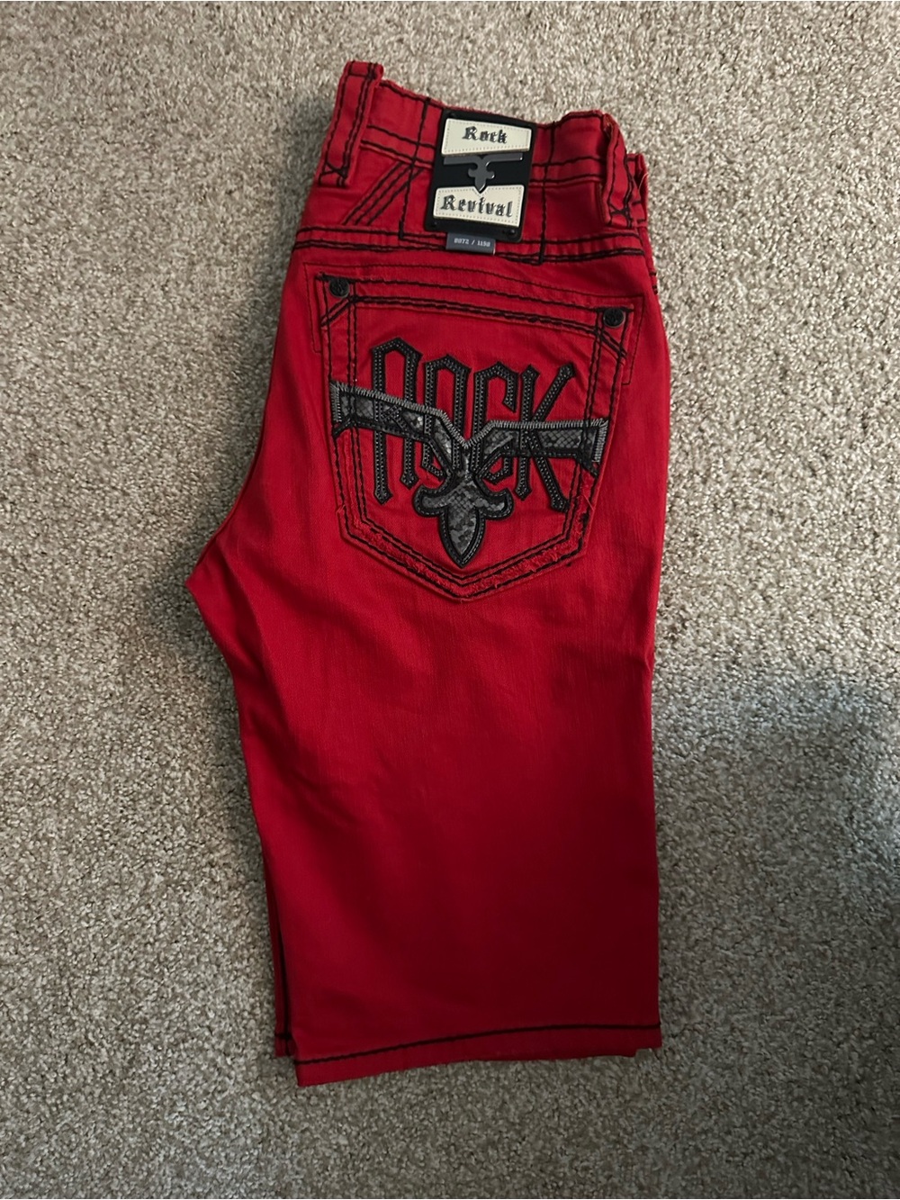 Rock Revival Men's Bright Red Embroidered Denim Shorts